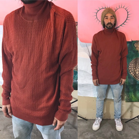 Vintage Turtleneck Ribbed Sweater Red Large Wool Blend 1990s 1980s