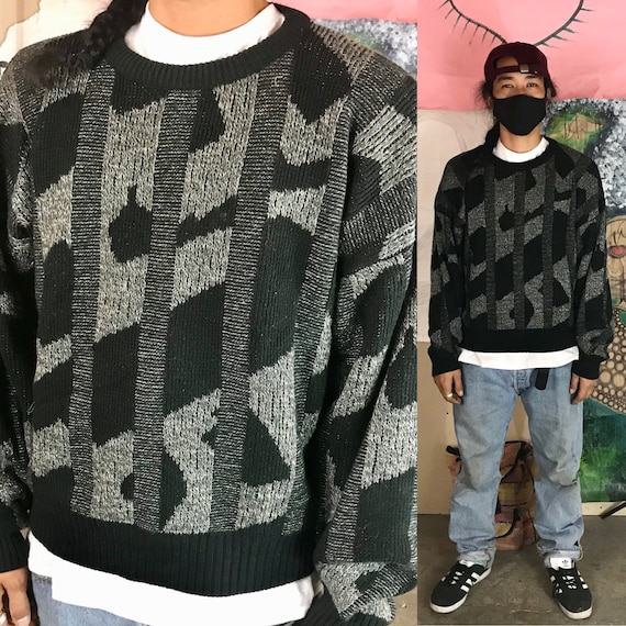 Vintage Sweater Cotton Acrylic Black Large 1980s 1990s