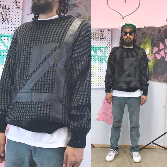 Vintage sweater black leather knit 1980s new wave cosby coogi