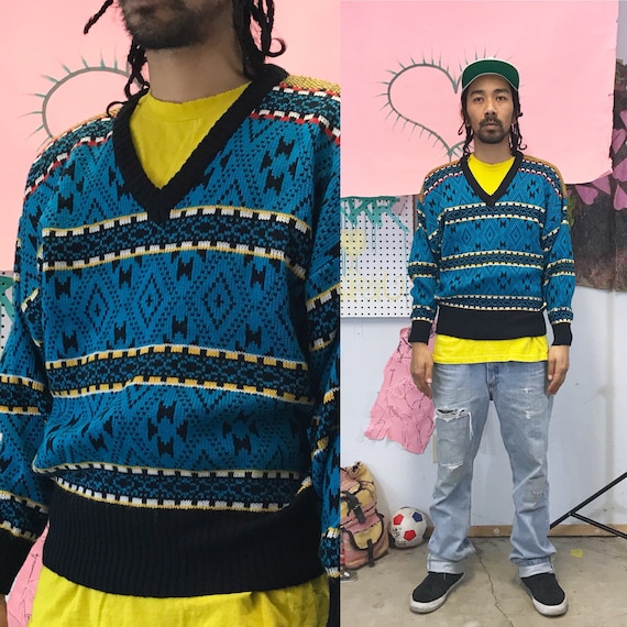 Vintage Knit Sweater Blue By Partners II V Neck Small 1990s 1980s