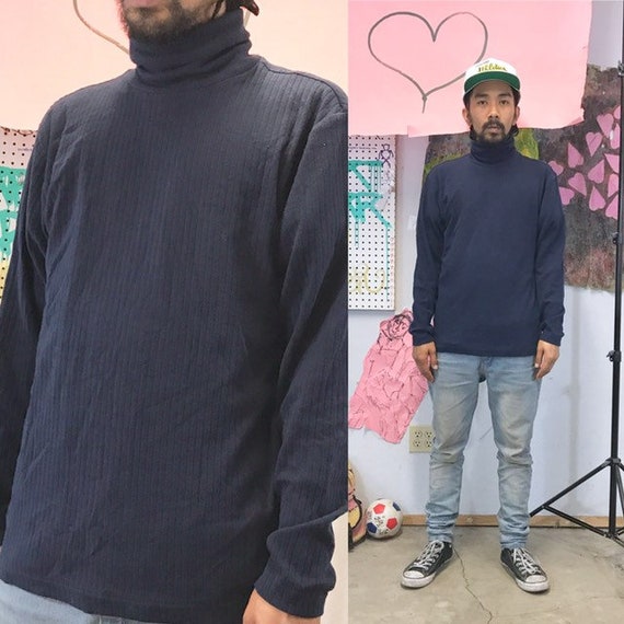Vintage turtleneck shirt knit blue ribbed size medium 1990s 1980s