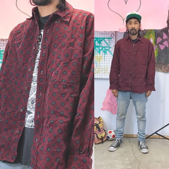 Vintage corduroy shirt all over print size medium 1990s 1980s red burgundy