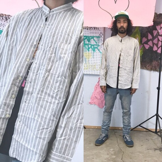 Vintage striped shirt mandarin collar chinese collar early 1990s size medium