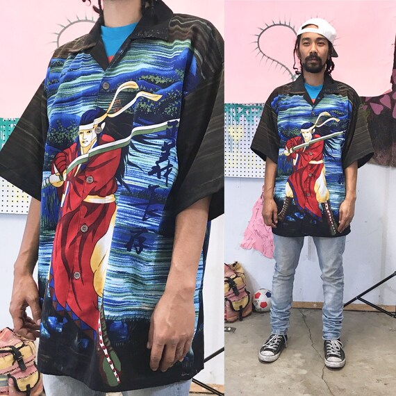 Vintage Samurai Scene Blow Up All Over Print Button Up Black Large 1990s 1980s