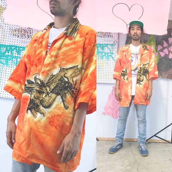 Vintage camp shirt y2k guy fieri 1990s 1980s bowling shirt dragon samurai size xxl