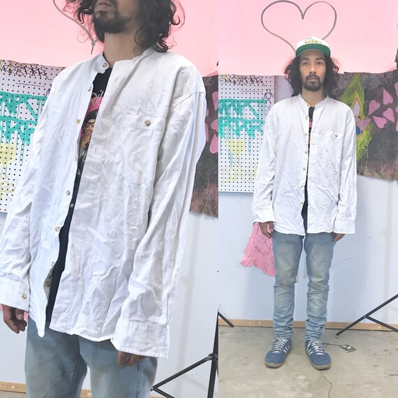 Vintage mandarin collar white linen shirt chinese collar minimalist size medium white shirt