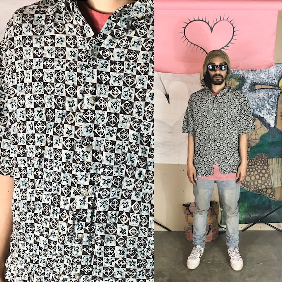 Vintage Button Up by Pierre Cardin Geometric Patterns Rayon Large 1990s 1980s