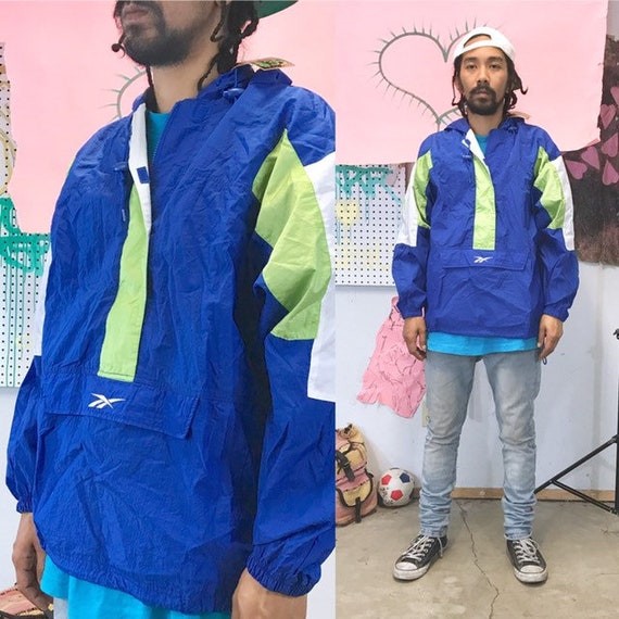 VintAge reebok windbreaker jacket pullover siZe large hoodie blue neon green