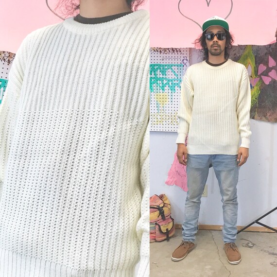 Vintage knit sweater cream tan off white ribbed size medium