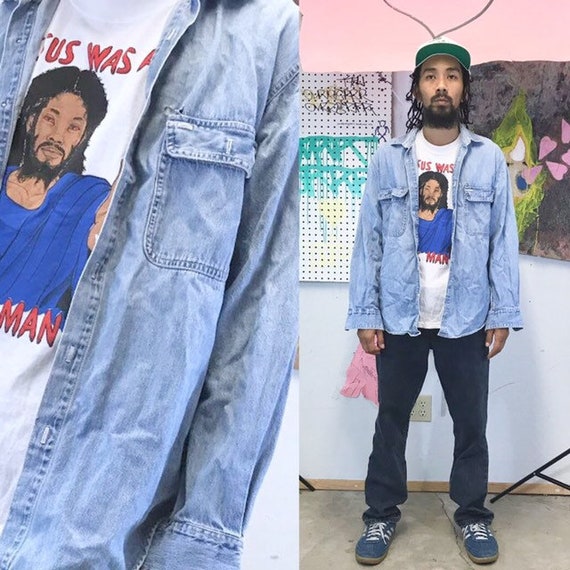 Vintage denim shirt button up early 1990s grunge workwear size medium 1980s