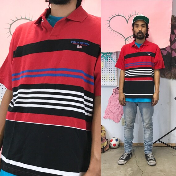 Vintage Red Striped Polo by Polo Sport Medium 1990s 1980s