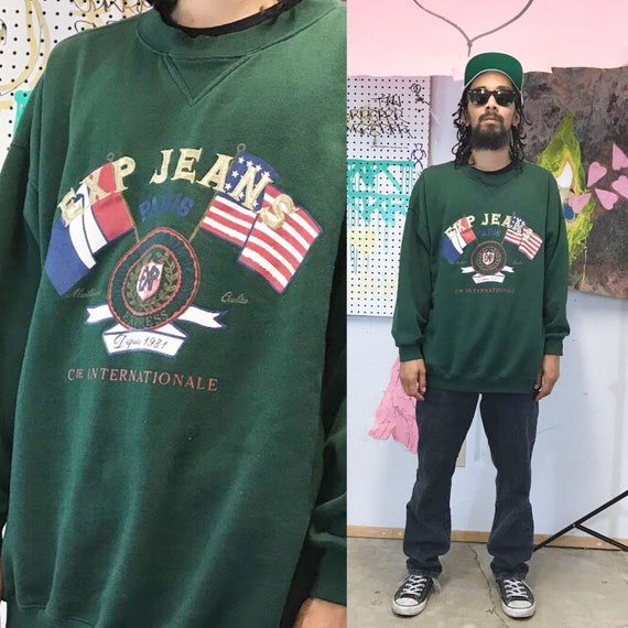 Vintage express sweatshirt 1980's 1990s oversized sweatshirt embroidered preppy guess green sweatshirt