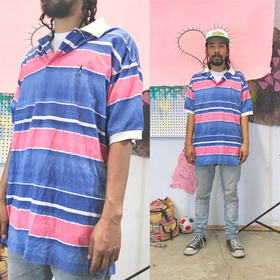 Vintage Nautica Pink Blue Striped Polo 1990s 1980s