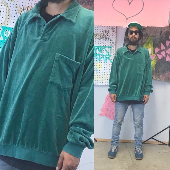 Vintage velour sweatshirt collar pullover jumper green sweatshirt 1990s 1980s