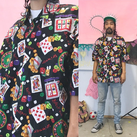 Vintage Handmade Gambling Themed Button Up Shirt Large 1990s 1980s