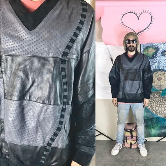 Vintage Saxony Knit Sweater Gray Black Leather Patchwork XL 1990s 1980s
