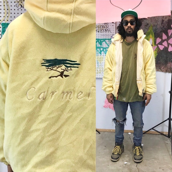 Fleece zip up hoodie jacket vintage 1990's carmel pastel yellow size large