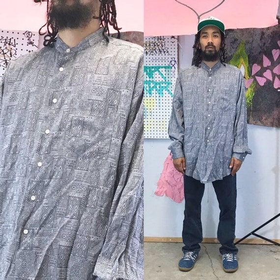 Vintage silk shirt mandarin collar new wave 1980's new jack swing all over print size medium