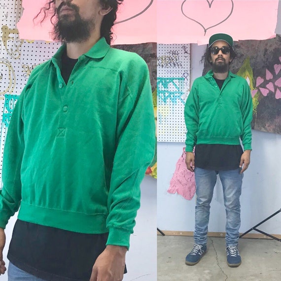 Vintage sweatshirt green collar shirt 1980s cropped sweater medium small