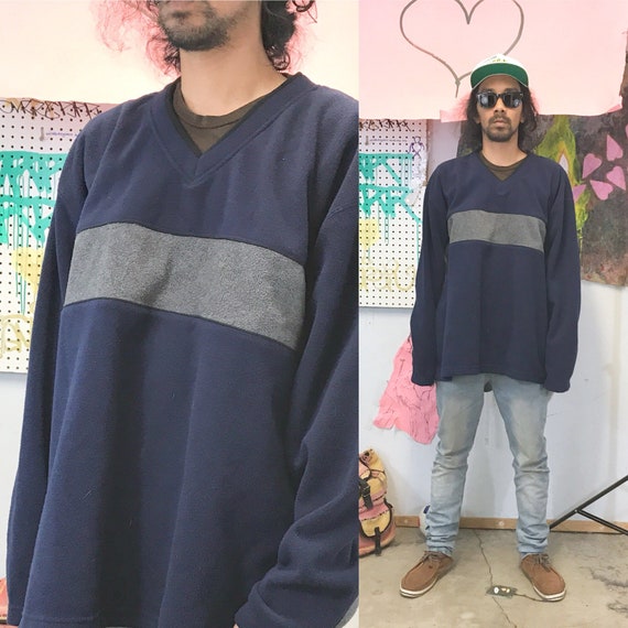 Vintage fleece sweatshirt blue grey y2k late 90's size xxl vneck