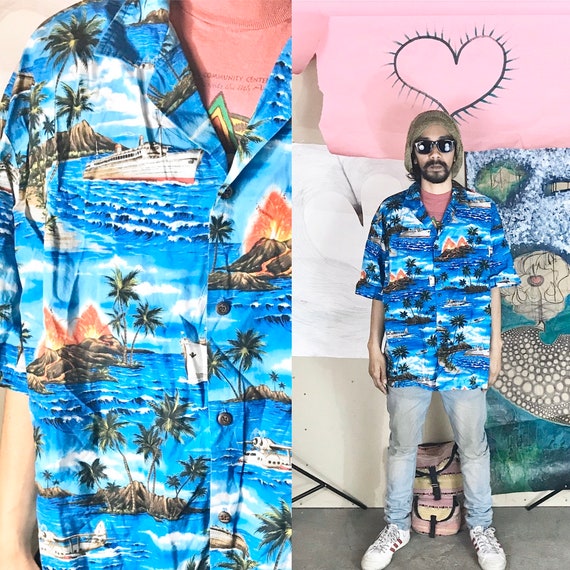 Vintage Aloha Republic Button Up All Over Print Blue Large 1990s 1980s