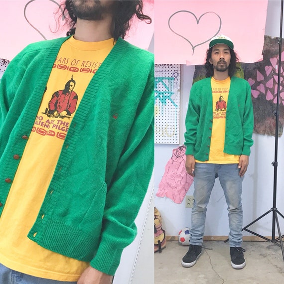 Vintage knit cardigan sweater green united colors of benetton size medium 1980's 90's