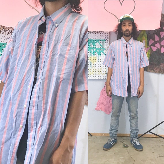 Vintage striped shirt early 90's blue pink 1990s 1980s size xl