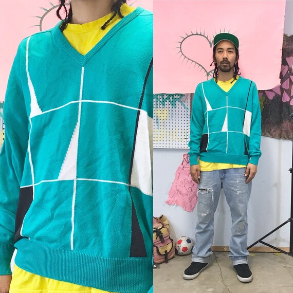 Vintage Titleist Golf Sweater V-neck Teal Medium 1990s 1980s