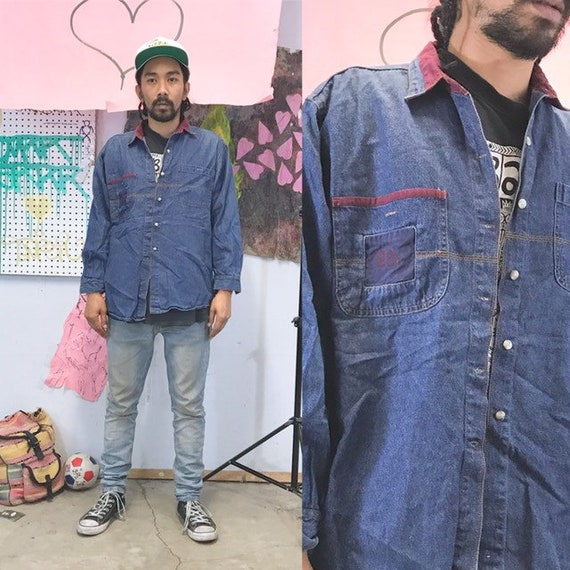 Vintage denim shirt early 90's size large 1990s 1980s cross colours umen blue