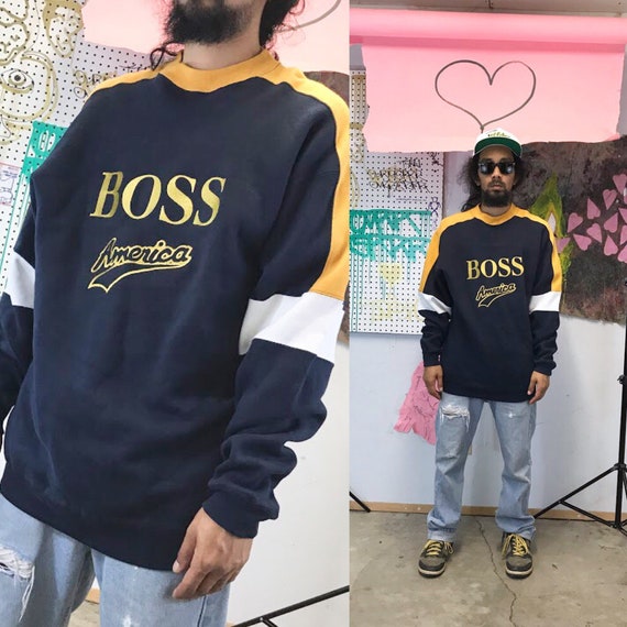 Vintage BOSS America sweatshirt 1990s 1980s ringer neck blue yellow bold big logo