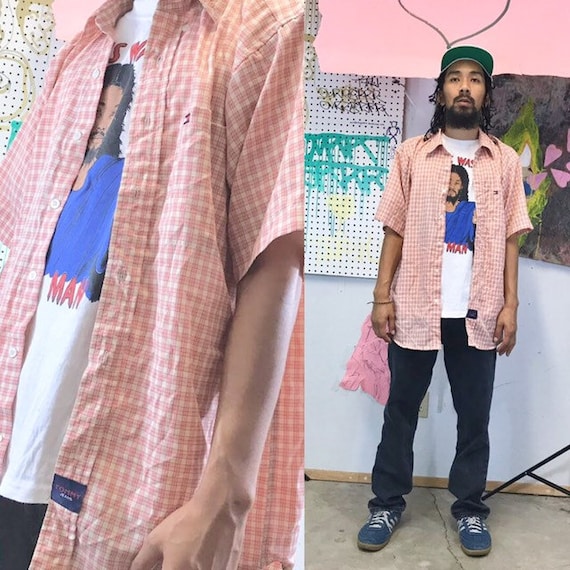 Vintage tommy hilfiger plaid button up orange 1990s tommy jeans summer shirt casual shirt