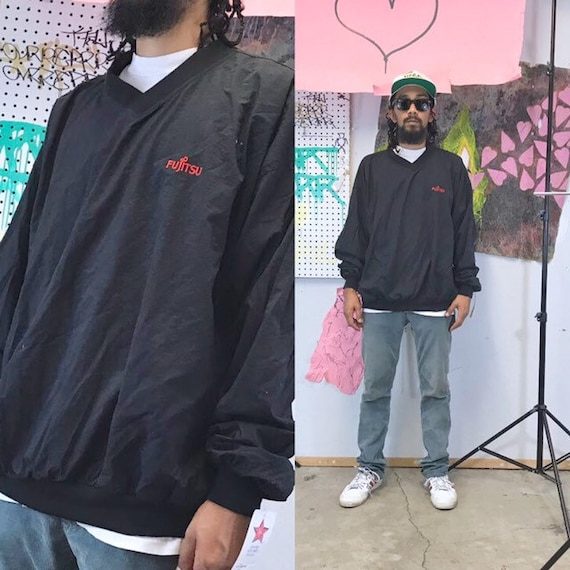 Vintage windbreaker jacket fujitsu black tech company 1990s silicon valley