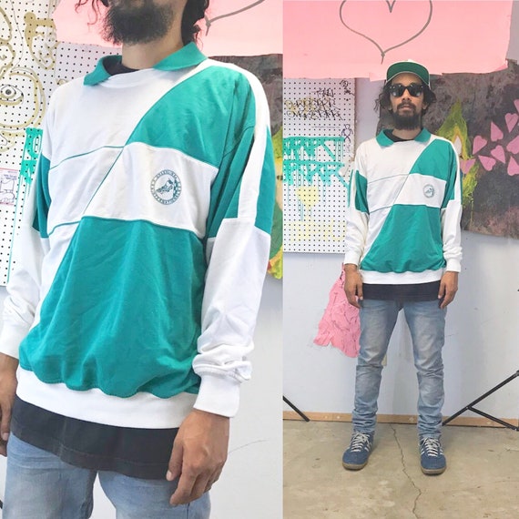 Vintage sweatshirt pullover collared polo sweater 1990s 1980s white green size medium