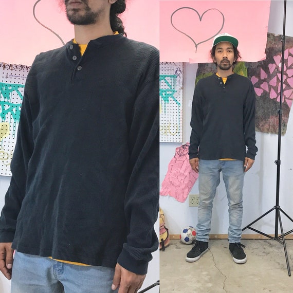 Vintage fleece henley shirt sweatshirt 1990s 1980s black size medium large