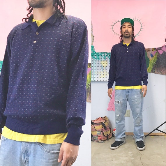 Vintage Sweater By Florence Blue Polo Large 1990s 1980s