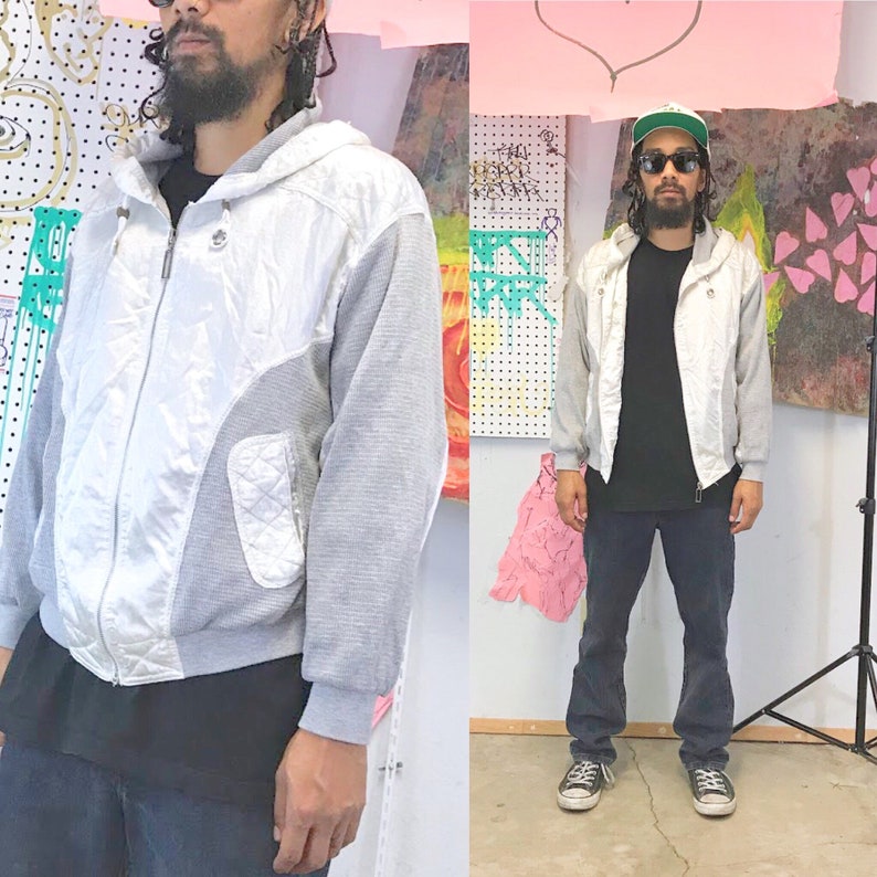 Vintage windbreaker jacket 1980/'s patchwork athletic grey white silver loud
