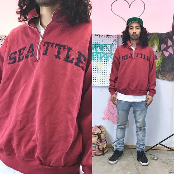 Vintage quarter zip red sweatshirt seattle red burgundy 1990s 1980s size large