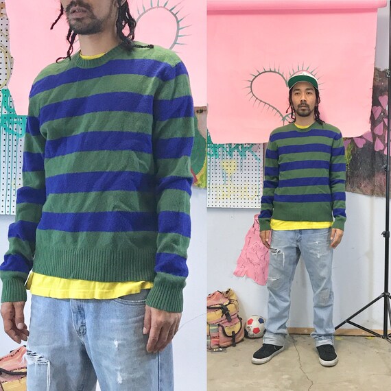 Vintage Lambs Wool Sweater by J.Crew Green Striped Large 1990s 1980s