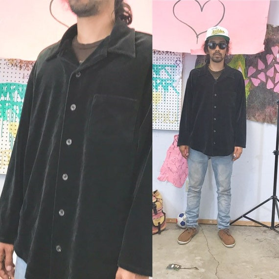 Vintage velour button up shirt black banana republic 1990s 1980s size xl