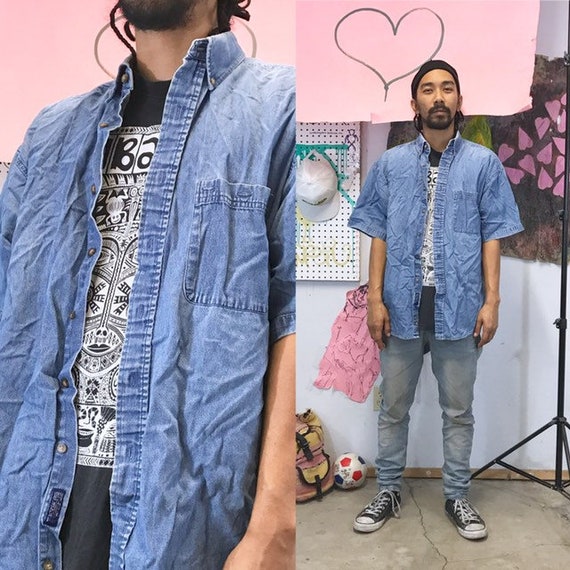 Vintage denim shirt short sleeve shirt 1990s 1980s size large