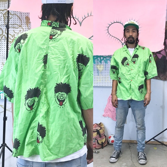 Vintage Cafe All Over Face Print Button Up Green Medium 1990s 1980s