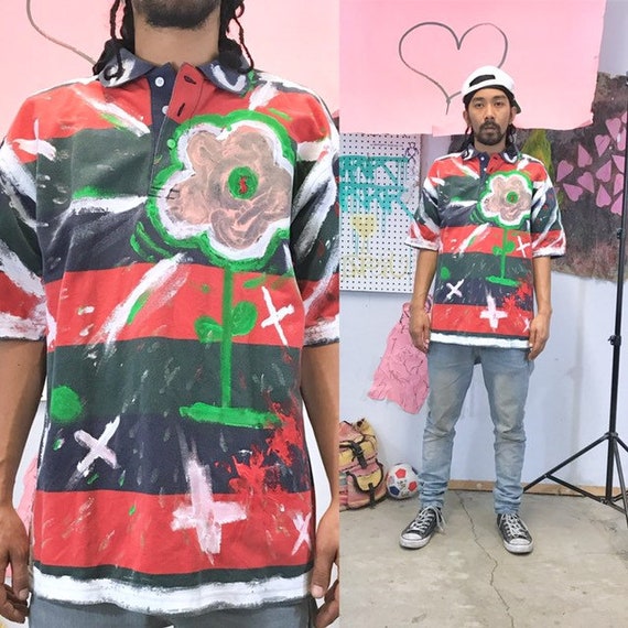 Vintage polo shirt hand painted polo ralph lauren 1990s 1980s art hand made size large