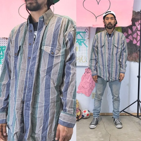 Vintage striped button up shirt 1990s 1980s roper grey blue brown
