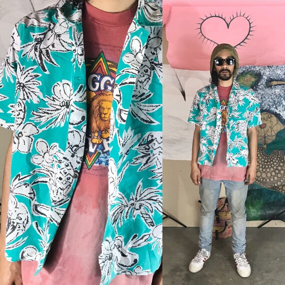 Vintage Aloha Pineapple All Over Print Button Up by Club Sport Teal Cotton Poly L 1990s 1980s