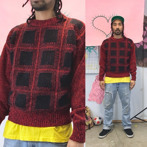 Vintage Wool Knit Sweater By Environmental Clothing Red Medium 1990s 1980s
