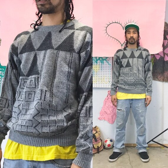 Vintage knit sweater size medium 1990s 1980s grey navy blue geometric