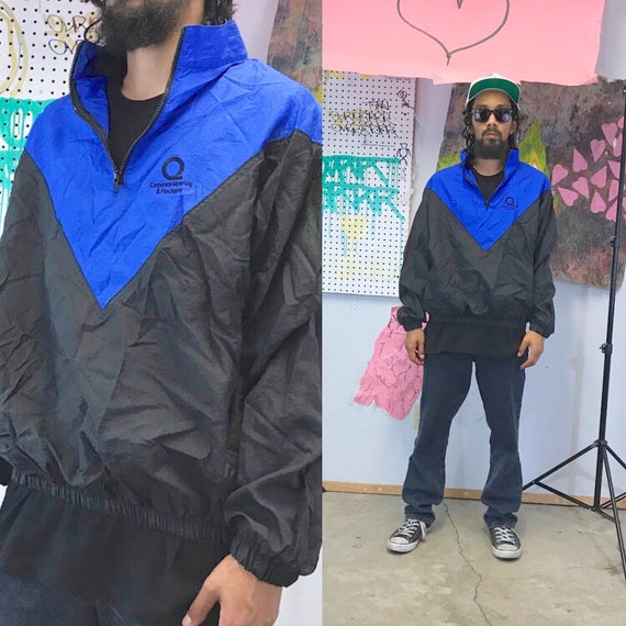 Vintage windbreaker jacket pullover black blue 1990s 1980s 90s 80s