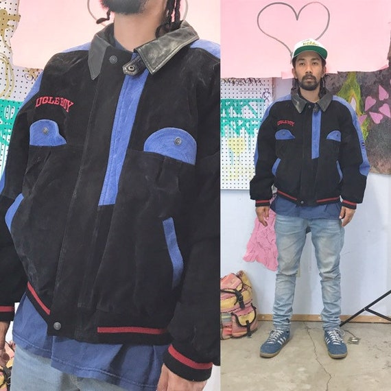 Vintage Bugle Boy leather jacket blue black streetwear 1980s 1990s size medium