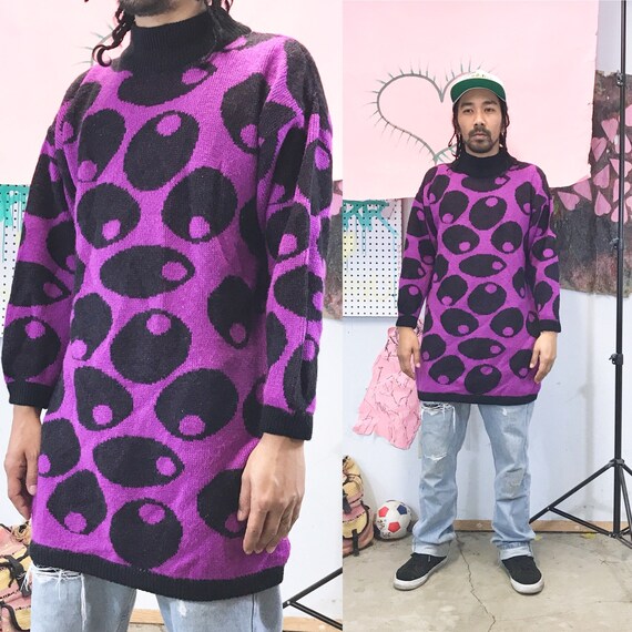 Vintage esprit knit sweater crazy pattern 1990s 1980s purple black abstract