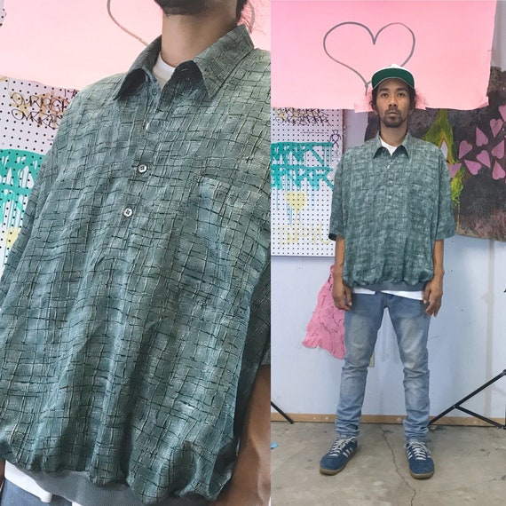 Vintage all over print shirt rayon shirt 1990s 1980s green new wave depeche mode
